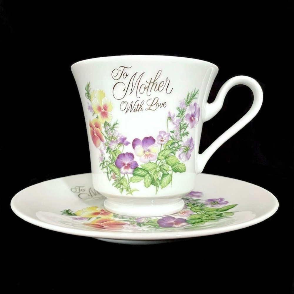 Vintage 1980s Saji Fine China Teacup and Saucer Set To Mother with Love - Pansy
